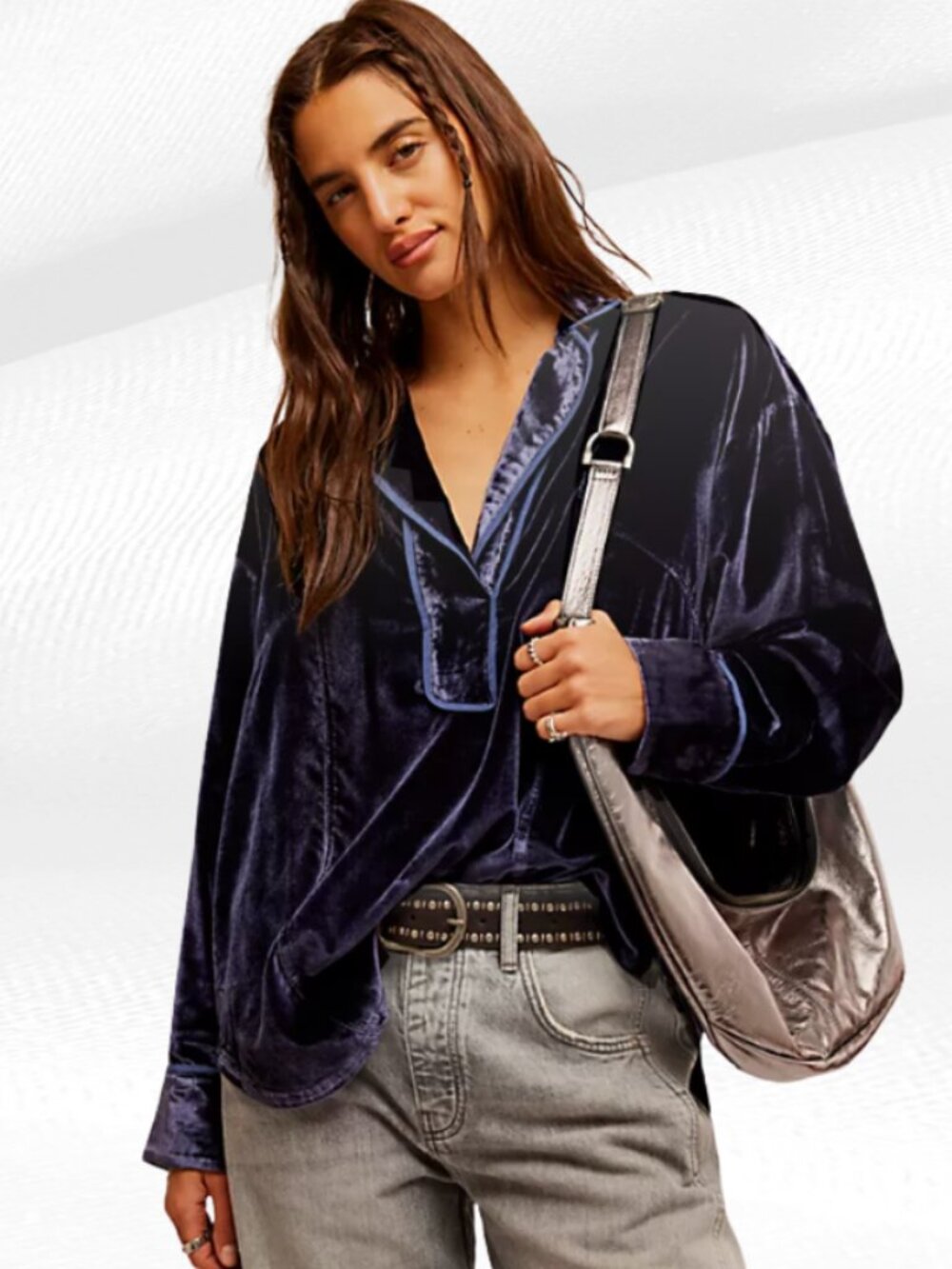 We The Free Free People Crushed Velvet Oversized Popover Shirt Top Navy Size L - Picture 4 of 17